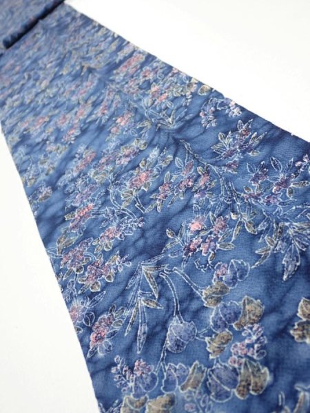 Photo1: 1J09z60  Japanese Kimono Crepe Silk  FABRIC Flowers Dull blue 79.9x7.1 (1)