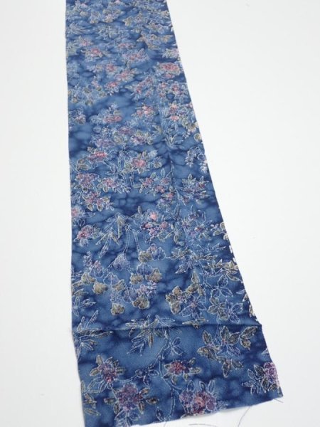 Photo2: 1J09z60  Japanese Kimono Crepe Silk  FABRIC Flowers Dull blue 79.9x7.1 (2)