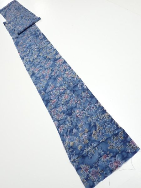 Photo5: 1J09z60  Japanese Kimono Crepe Silk  FABRIC Flowers Dull blue 79.9x7.1 (5)
