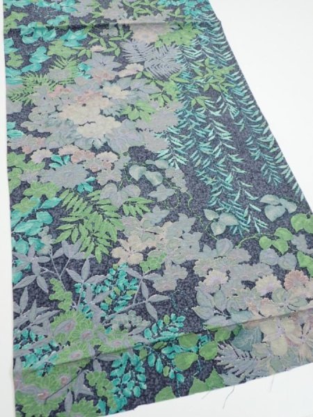 Photo2: 1J01z60  Japanese Kimono Silk  FABRIC Plants Navy-Gray 40.9x14.2 (2)