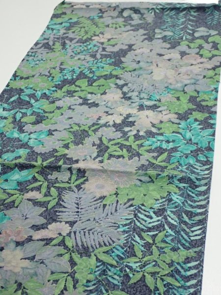 Photo3: 1J01z60  Japanese Kimono Silk  FABRIC Plants Navy-Gray 40.9x14.2 (3)