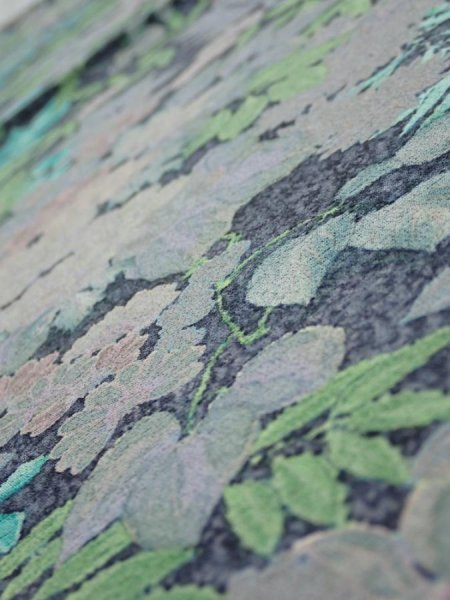 Photo4: 1J01z60  Japanese Kimono Silk  FABRIC Plants Navy-Gray 40.9x14.2 (4)