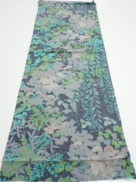 Photo5: 1J01z60  Japanese Kimono Silk  FABRIC Plants Navy-Gray 40.9x14.2 (5)