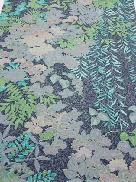 Photo1: 1J02z60  Japanese Kimono Silk  FABRIC Plants Navy-Gray 40.9x14.2 (1)