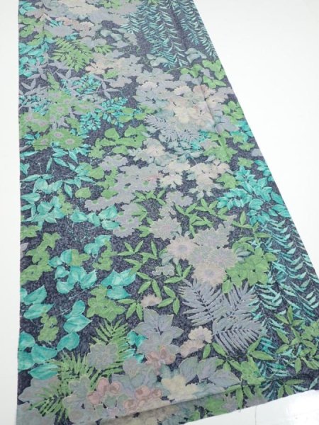 Photo2: 1J06z90  Japanese Kimono Silk  FABRIC Plants Navy-Gray 65.0x14.2 (2)