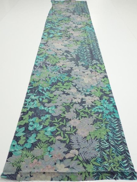 Photo5: 1J06z90  Japanese Kimono Silk  FABRIC Plants Navy-Gray 65.0x14.2 (5)