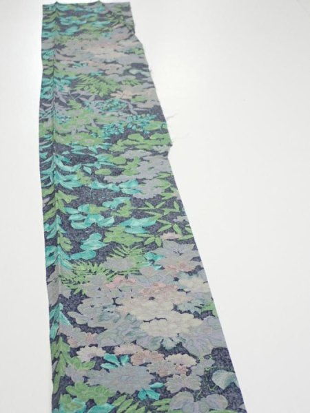 Photo3: 1J08z40  Japanese Kimono Silk  FABRIC Plants Navy-Gray 59.8x7.1 (3)