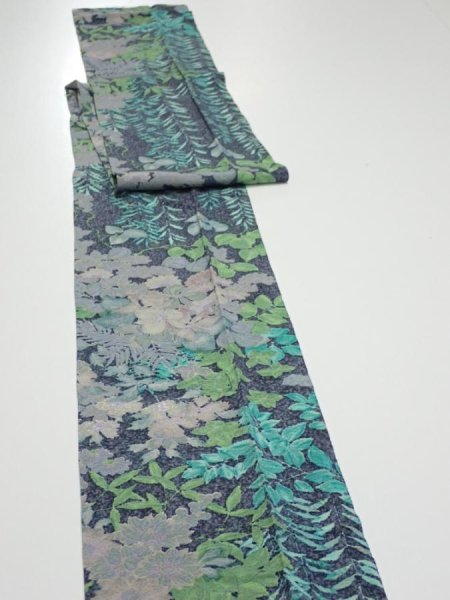 Photo3: 1J09z60  Japanese Kimono Silk  FABRIC Plants Navy-Gray 81.1x7.1 (3)
