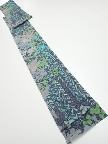 Photo5: 1J09z60  Japanese Kimono Silk  FABRIC Plants Navy-Gray 81.1x7.1 (5)