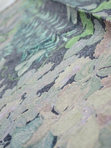 Photo5: 1J10z30  Japanese Kimono Silk  FABRIC Plants Navy-Gray 38.6x6.9 (5)