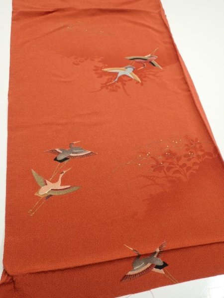 Photo2: 1J01z60  Japanese Kimono Crepe Silk  FABRIC Flying crane Dark orange 42.9x14.4 (2)
