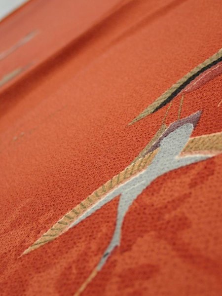 Photo4: 1J01z60  Japanese Kimono Crepe Silk  FABRIC Flying crane Dark orange 42.9x14.4 (4)