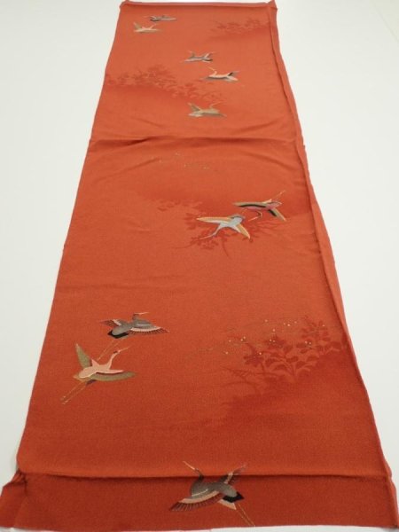 Photo5: 1J01z60  Japanese Kimono Crepe Silk  FABRIC Flying crane Dark orange 42.9x14.4 (5)