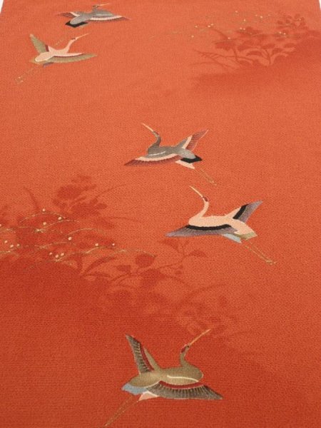 Photo1: 1J02z70  Japanese Kimono Crepe Silk  FABRIC Flying crane Dark orange 41.7x14.4 (1)