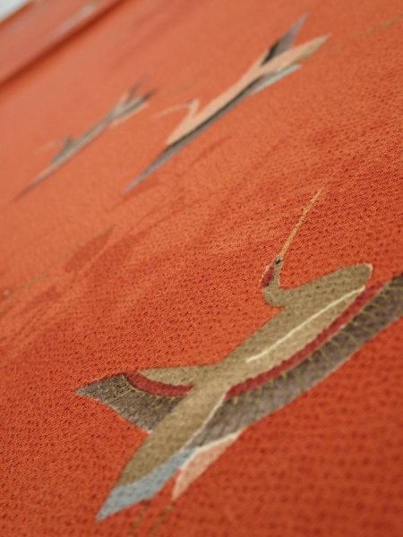 Photo4: 1J02z70  Japanese Kimono Crepe Silk  FABRIC Flying crane Dark orange 41.7x14.4 (4)