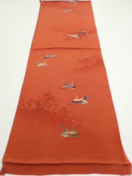 Photo5: 1J02z70  Japanese Kimono Crepe Silk  FABRIC Flying crane Dark orange 41.7x14.4 (5)