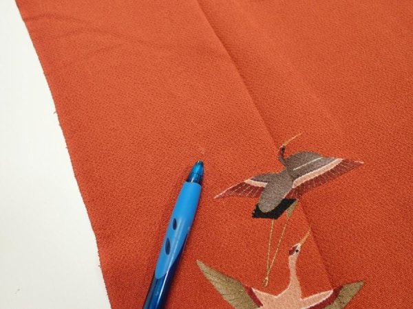 Photo6: 1J03z100  Japanese Kimono Crepe Silk  FABRIC Flying crane Dark orange 65.4x14.4 (6)
