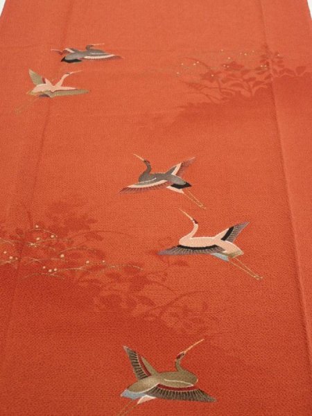 Photo1: 1J05z100  Japanese Kimono Crepe Silk  FABRIC Flying crane Dark orange 65.4x14.4 (1)