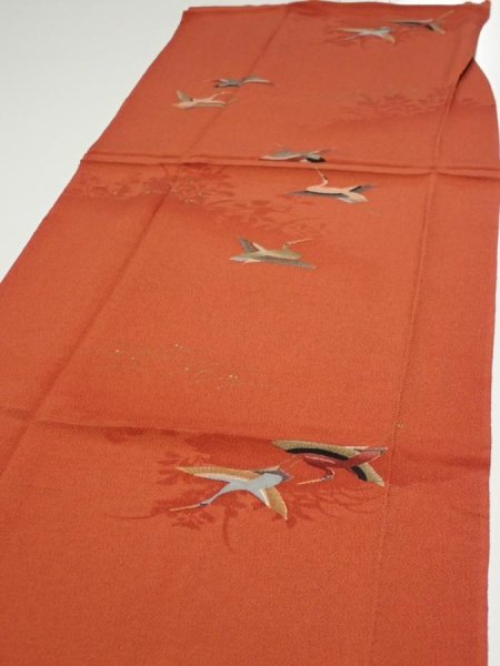 Photo3: 1J06z100  Japanese Kimono Crepe Silk  FABRIC Flying crane Dark orange 65.4x14.4 (3)