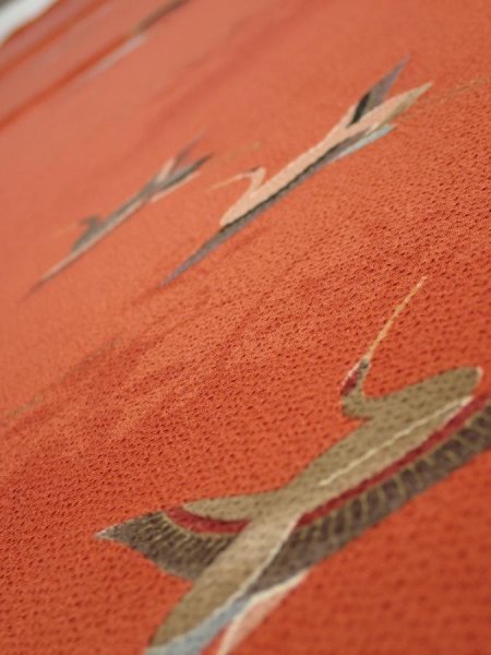 Photo4: 1J06z100  Japanese Kimono Crepe Silk  FABRIC Flying crane Dark orange 65.4x14.4 (4)