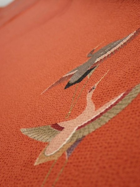Photo4: 1J07z50  Japanese Kimono Crepe Silk  FABRIC Flying crane Dark orange 58.3x7.1 (4)