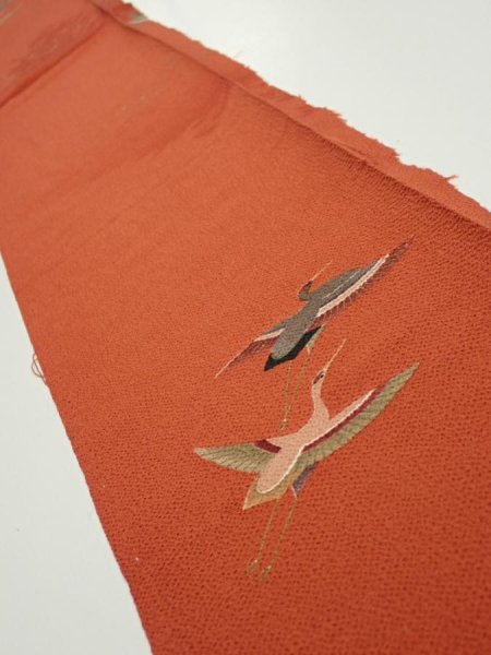 Photo1: 1J08z50  Japanese Kimono Crepe Silk  FABRIC Flying crane Dark orange 58.7x7.1 (1)