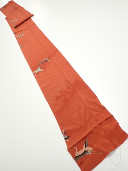 Photo1: 1J09z60  Japanese Kimono Crepe Silk  FABRIC Flying crane Dark orange 83.5x7.1 (1)