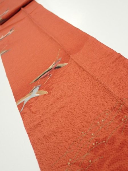 Photo2: 1J09z60  Japanese Kimono Crepe Silk  FABRIC Flying crane Dark orange 83.5x7.1 (2)