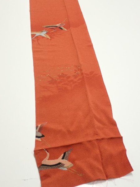 Photo3: 1J09z60  Japanese Kimono Crepe Silk  FABRIC Flying crane Dark orange 83.5x7.1 (3)