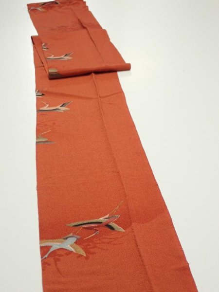 Photo4: 1J09z60  Japanese Kimono Crepe Silk  FABRIC Flying crane Dark orange 83.5x7.1 (4)