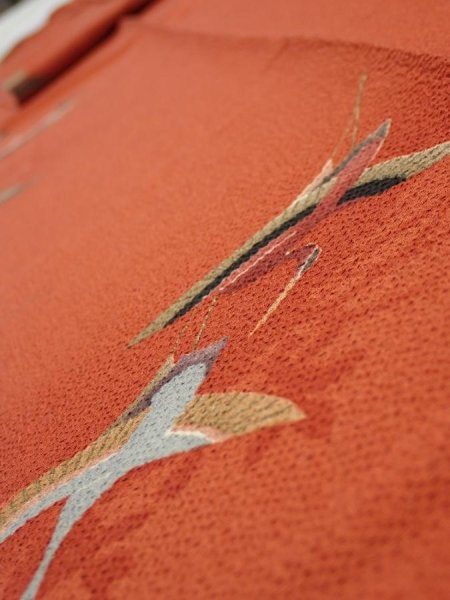 Photo5: 1J09z60  Japanese Kimono Crepe Silk  FABRIC Flying crane Dark orange 83.5x7.1 (5)