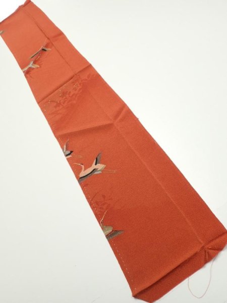 Photo1: 1J10z30  Japanese Kimono Crepe Silk  FABRIC Flying crane Dark orange 38.6x7.1 (1)