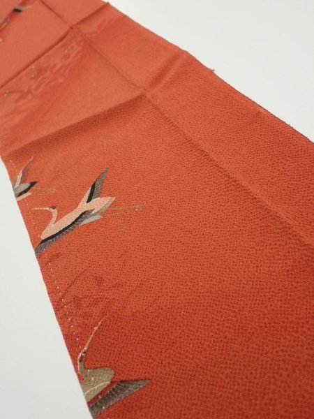 Photo2: 1J10z30  Japanese Kimono Crepe Silk  FABRIC Flying crane Dark orange 38.6x7.1 (2)