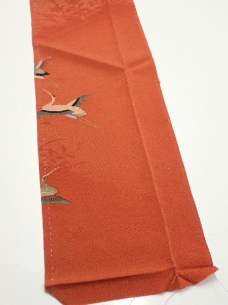 Photo4: 1J10z30  Japanese Kimono Crepe Silk  FABRIC Flying crane Dark orange 38.6x7.1 (4)