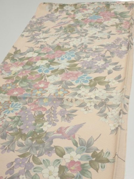 Photo3: 1J01z60  Japanese Kimono Silk  FABRIC Bird Flower Light peach 42.9x14.2 (3)
