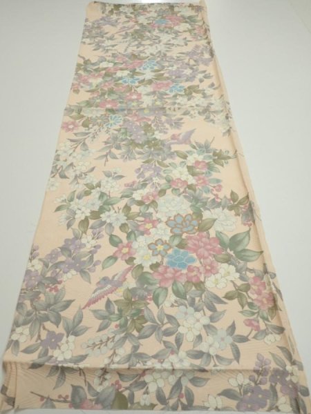 Photo5: 1J01z60  Japanese Kimono Silk  FABRIC Bird Flower Light peach 42.9x14.2 (5)