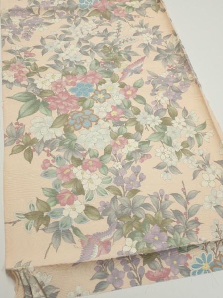 Photo2: 1J02z60  Japanese Kimono Silk  FABRIC Bird Flower Light peach 42.5x14.4 (2)