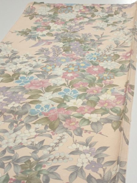 Photo3: 1J02z60  Japanese Kimono Silk  FABRIC Bird Flower Light peach 42.5x14.4 (3)