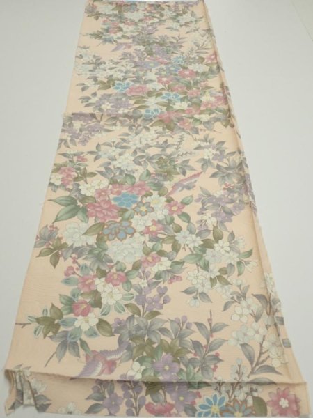Photo5: 1J02z60  Japanese Kimono Silk  FABRIC Bird Flower Light peach 42.5x14.4 (5)