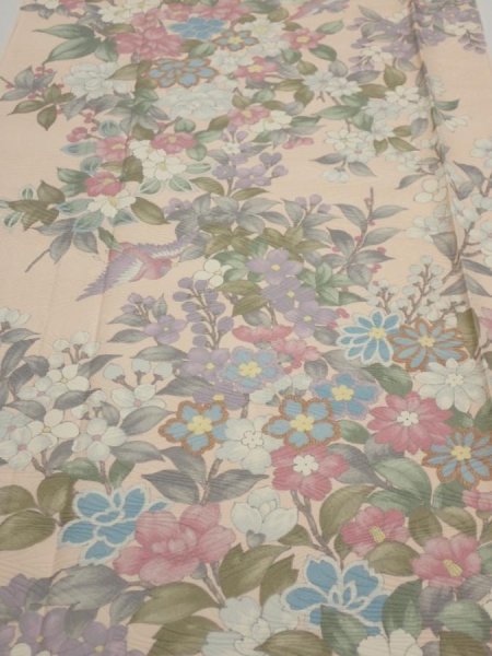 Photo1: 1J03z90  Japanese Kimono Silk  FABRIC Bird Flower Light peach 68.9x14.4 (1)
