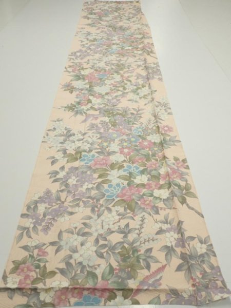 Photo5: 1J03z90  Japanese Kimono Silk  FABRIC Bird Flower Light peach 68.9x14.4 (5)