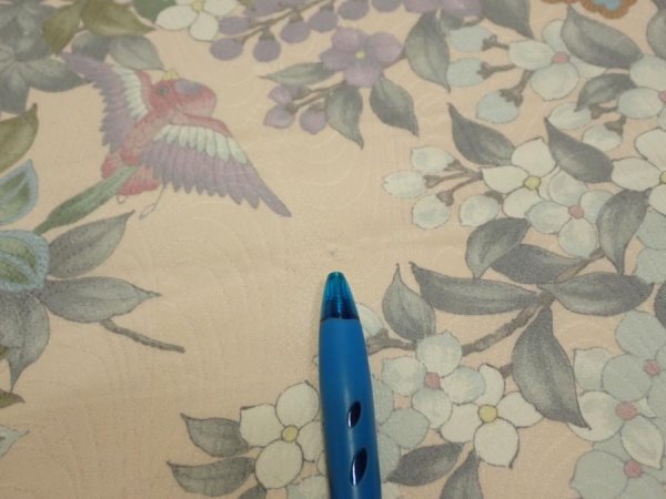 Photo6: 1J04z90  Japanese Kimono Silk  FABRIC Bird Flower Light peach 68.5x14.4 (6)