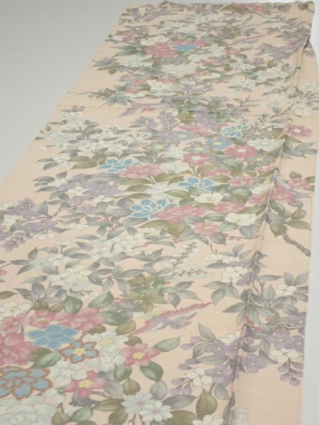 Photo3: 1J05z90  Japanese Kimono Silk  FABRIC Bird Flower Light peach 68.5x14.4 (3)