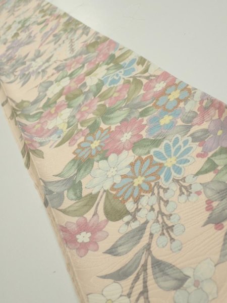 Photo1: 1J08z40  Japanese Kimono Silk  FABRIC Bird Flower Light peach 60.6x7.1 (1)
