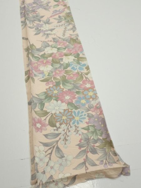 Photo2: 1J08z40  Japanese Kimono Silk  FABRIC Bird Flower Light peach 60.6x7.1 (2)