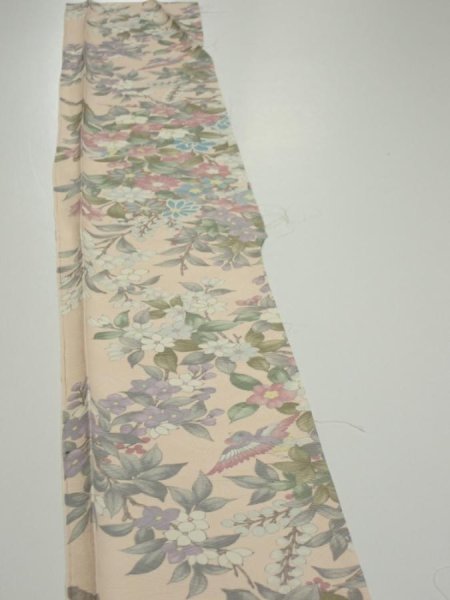 Photo3: 1J08z40  Japanese Kimono Silk  FABRIC Bird Flower Light peach 60.6x7.1 (3)