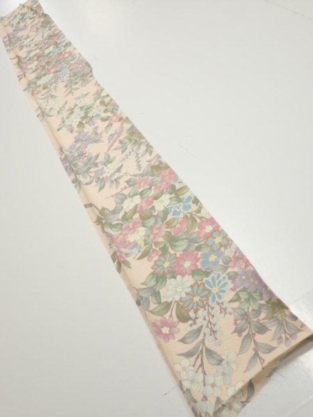 Photo5: 1J08z40  Japanese Kimono Silk  FABRIC Bird Flower Light peach 60.6x7.1 (5)