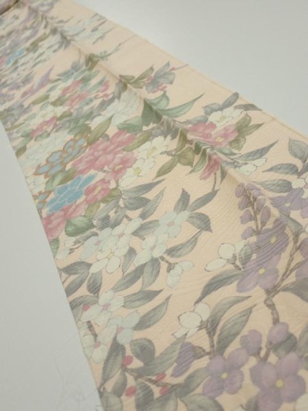 Photo1: 1J09z60  Japanese Kimono Silk  FABRIC Bird Flower Light peach 86.2x7.1 (1)