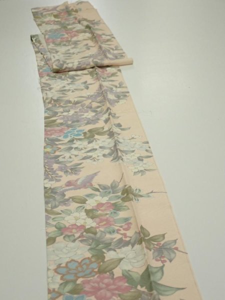 Photo3: 1J09z60  Japanese Kimono Silk  FABRIC Bird Flower Light peach 86.2x7.1 (3)