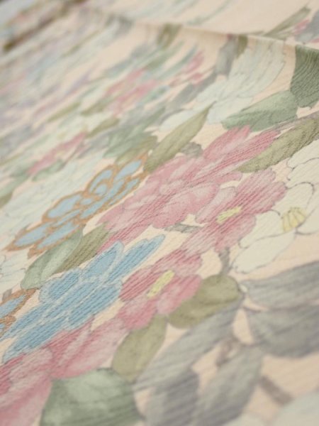 Photo4: 1J09z60  Japanese Kimono Silk  FABRIC Bird Flower Light peach 86.2x7.1 (4)